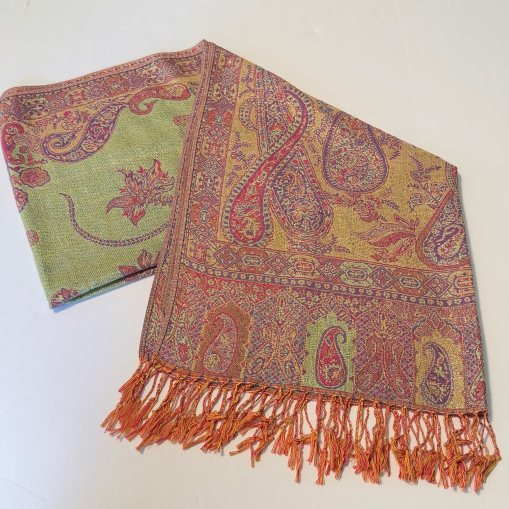 Pashmina Scarf Green Pink Gold Paisley Metallic Jacquard Wrap 74x27 Boho Shawl